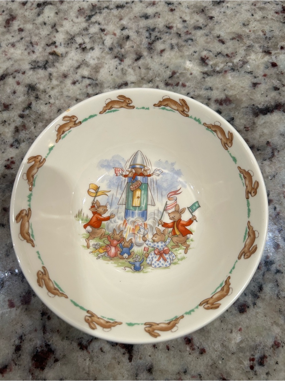 Royal Doulton Cream Bunny-Rimmed Bone Chine Bowl with Pastel Storybook Scene